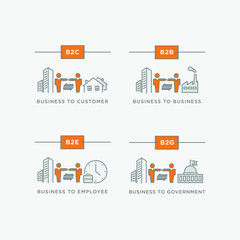 Business relations icon set. B2B, B2C, B2E & B2G  - business to business, business to customer, business to government, business to employee. Line icons with editable stroke.