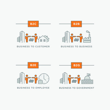 Business relations icon set. B2B, B2C, B2E & B2G  - business to business, business to customer, business to government, business to employee. Line icons with editable stroke.
