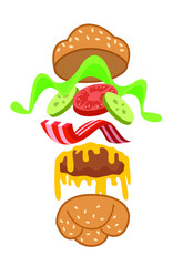 Jumping Burger ads, delicious and attractive hamburger. Refreshing   Ingredients of fast food - crispy bun, vegetables, cheese, bacon. Isolated   illustration on white background