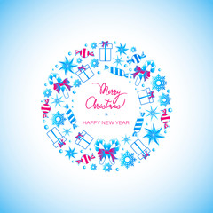 Christmas candy, gifts and holiday greetings in a circle. Poster with stars with ice, precious stones and snowflakes. Design of New Year's cards, festive message, concert, entertainment program.