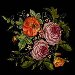 Embroidery red roses and pink peonies. Fashionable template for design of clothes, t-shirt design, tapestry flowers renaissance style. Classical embroidery vintage buds of roses on black background