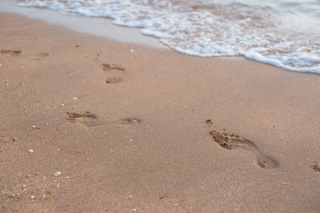 Sea wave, running on a sandy beach washng away the footprints.