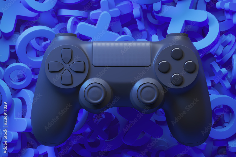 Poster black joystick isolated on blue background with symbols. 3d rendering