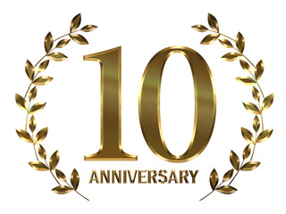 メタリックの質感の10周年記念 月桂樹の葉つきエンブレム｜10th anniversary icon
