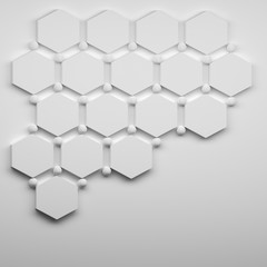 Abstract structure with hexagons and balls on the white surface.  Iamge for presentation with copy blank space. 3d illustration. 