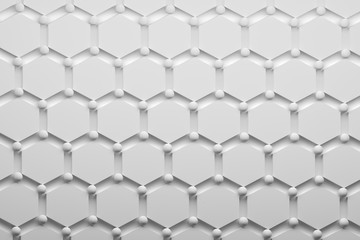 Abstract pattern with hexagons and balls in pure white color. Minimalistic scientific pattern. 3d illustration. 