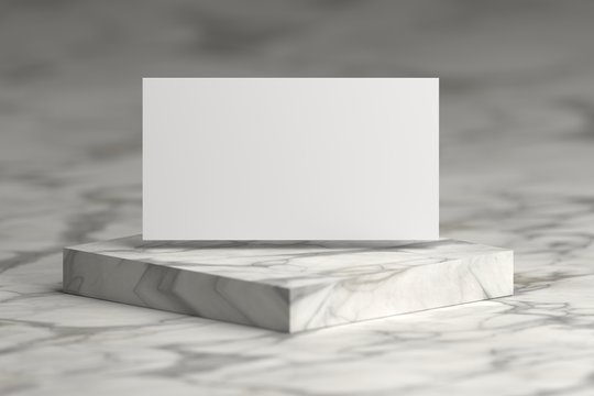 White presentation card flying over marble pedestal podium. Image with copy blank space. 3d illustration.