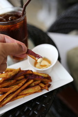 It's sweet Japanese fried. With dipping sauce. Selective focus. 