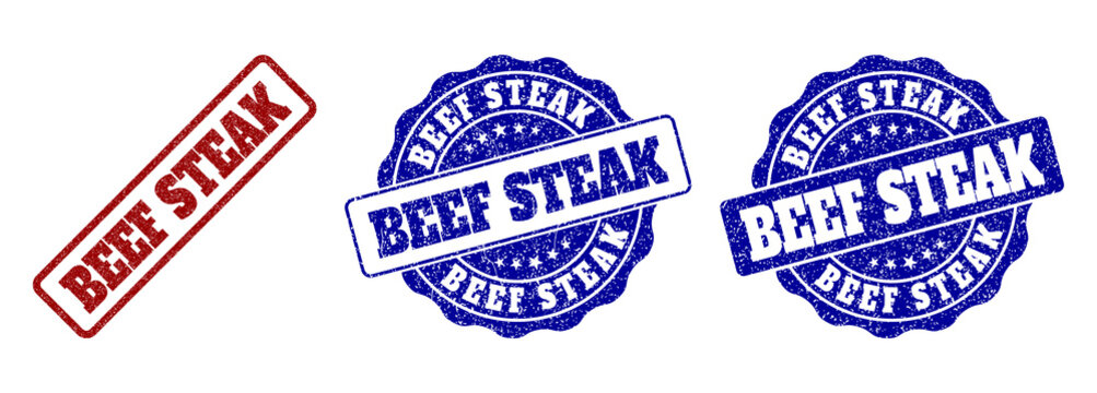 BEEF STEAK grunge stamp seals in red and blue colors. Vector BEEF STEAK imprints with grunge surface. Graphic elements are rounded rectangles, rosettes, circles and text labels.