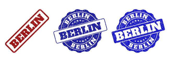 BERLIN scratched stamp seals in red and blue colors. Vector BERLIN labels with grunge style. Graphic elements are rounded rectangles, rosettes, circles and text labels.