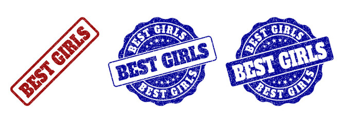 BEST GIRLS grunge stamp seals in red and blue colors. Vector BEST GIRLS imprints with dirty surface. Graphic elements are rounded rectangles, rosettes, circles and text captions.