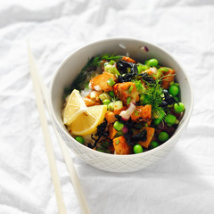 Vegetarian poke bowl flat lay