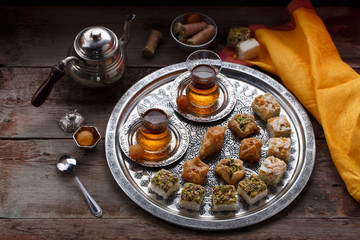 Oriental tea with baklava and sweets, copy space