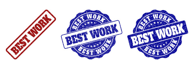 BEST WORK scratched stamp seals in red and blue colors. Vector BEST WORK watermarks with scratced texture. Graphic elements are rounded rectangles, rosettes, circles and text titles.