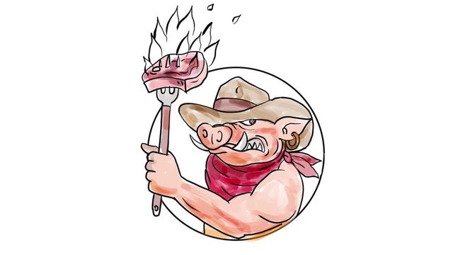 2d Animation motion graphics showing a watercolor of a cowboy wild pig, hog or wild boar holding a fork with burning flaming barbecue steak on fire  on white screen in HD 1080 high definition.