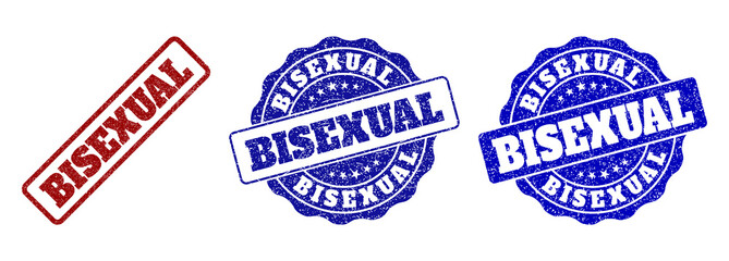 BISEXUAL grunge stamp seals in red and blue colors. Vector BISEXUAL overlays with grunge texture. Graphic elements are rounded rectangles, rosettes, circles and text tags.