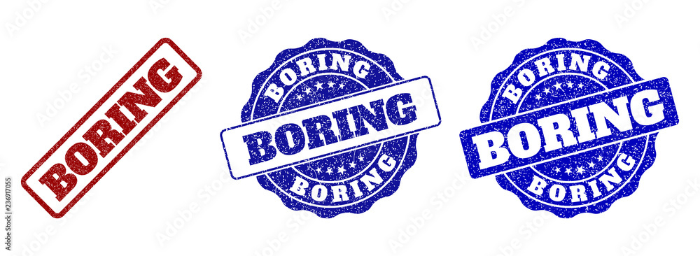 Poster boring grunge stamp seals in red and blue colors. vector boring marks with grunge texture. graphic e