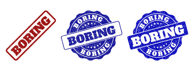 BORING grunge stamp seals in red and blue colors. Vector BORING marks with grunge texture. Graphic elements are rounded rectangles, rosettes, circles and text captions.