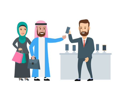 arab muslim man and woman buying smartphone in phone store