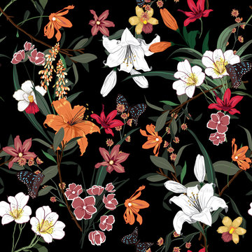 A beautiful blooming flower garden night Botanical plants seamless pattern vector for forfaashion