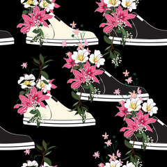 Beautiful and trendy seamless pattern  sneaker used as blooming flower pots in vector illustrations