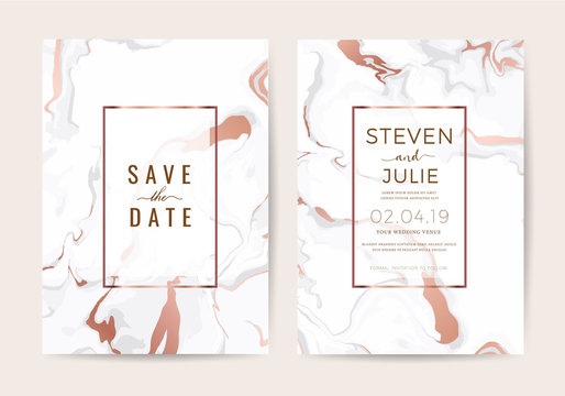 Luxury wedding invitation cards with rose gold and Pink marble texture, geometric shape vector design template