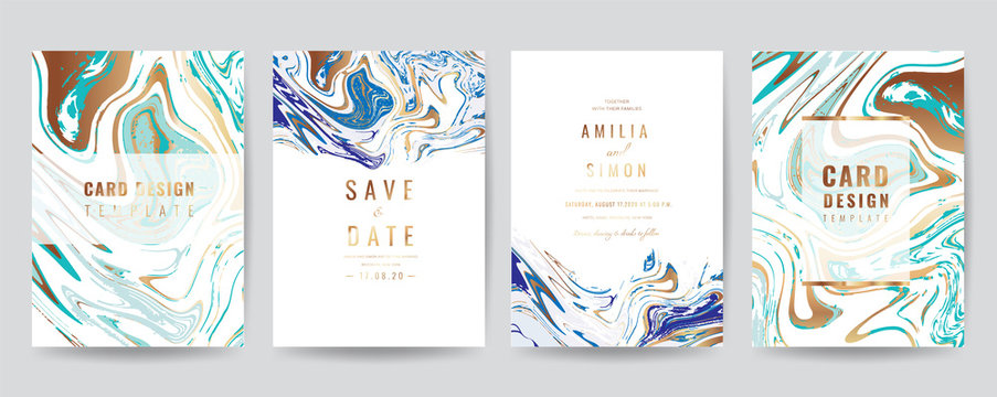 Wedding Invitation, Thank you Card, rsvp, posters, modern card Design Collection. Trendy Marble background, Marbling texture design in navy blue ,green turquoise and golden texture vector temple.