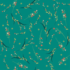 Beautiful vintage meadow blowing flowers seamless pattern vector on trendy green background