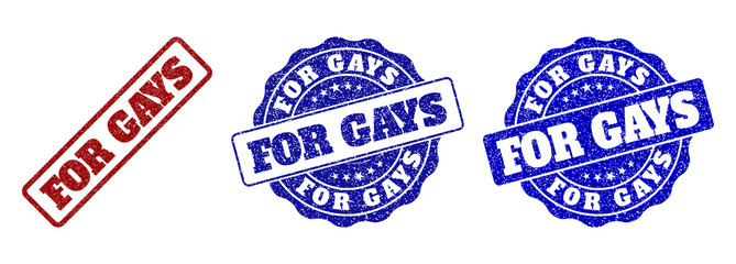 FOR GAYS grunge stamp seals in red and blue colors. Vector FOR GAYS labels with draft effect. Graphic elements are rounded rectangles, rosettes, circles and text labels.