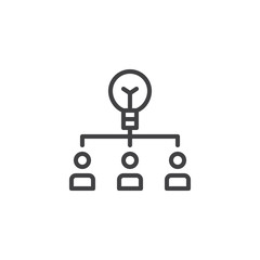 Teamwork idea outline icon. linear style sign for mobile concept and web design. Lamp with users simple line vector icon. Brainstorming symbol, logo illustration. Pixel perfect vector graphics