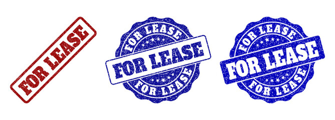 FOR LEASE grunge stamp seals in red and blue colors. Vector FOR LEASE imprints with grunge effect. Graphic elements are rounded rectangles, rosettes, circles and text titles.