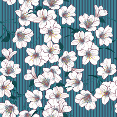 Vector garden floral seamless pattern. White flowers pattern blooming on striped