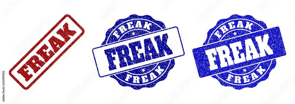 Poster freak scratched stamp seals in red and blue colors. vector freak labels with grunge style. graphic e