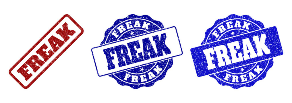 FREAK scratched stamp seals in red and blue colors. Vector FREAK labels with grunge style. Graphic elements are rounded rectangles, rosettes, circles and text labels.