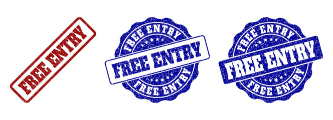 FREE ENTRY grunge stamp seals in red and blue colors. Vector FREE ENTRY labels with grainy surface. Graphic elements are rounded rectangles, rosettes, circles and text labels.