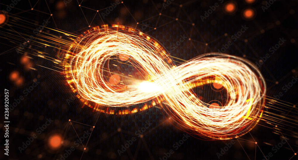 Poster  Infinity symbol of glowing lines. Mobius strip of luminous zeros and ones and lines. Infinity symbol of glowing lines and binary code on a dark background. The concept of circulation of information.