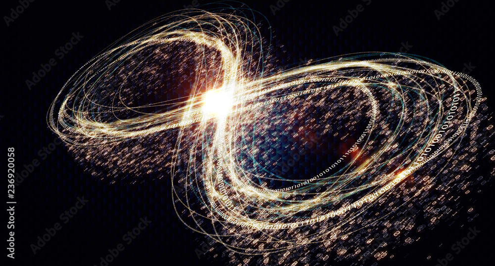 Poster  Infinity symbol of glowing lines. Mobius strip of luminous zeros and ones and lines. Infinity symbol of glowing lines and binary code on a dark background. The concept of circulation of information.
