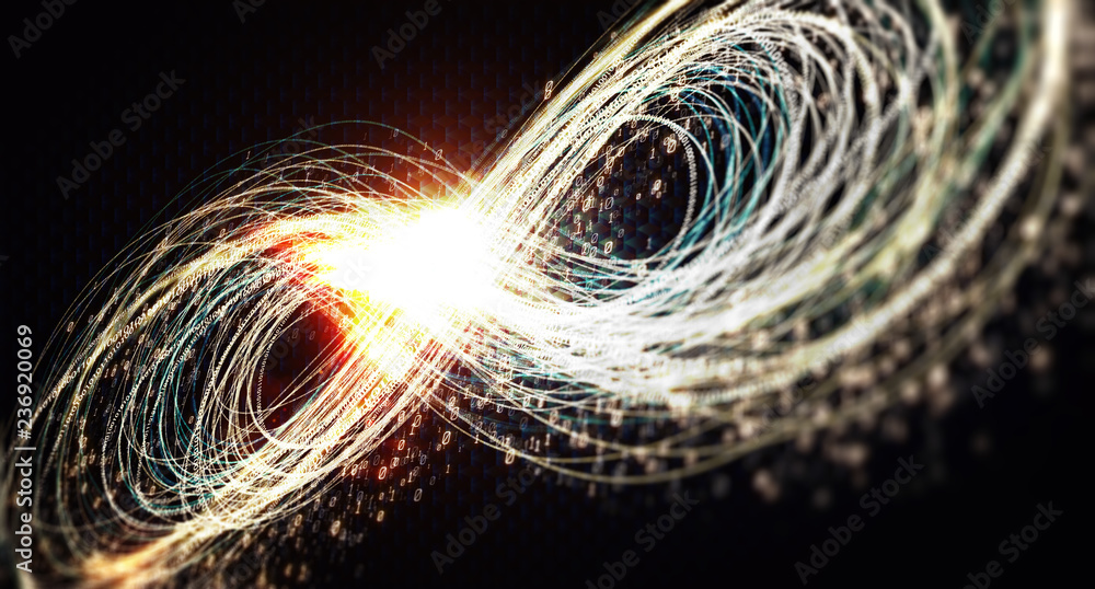Poster  Infinity symbol of glowing lines. Mobius strip of luminous zeros and ones and lines. Infinity symbol of glowing lines and binary code on a dark background. The concept of circulation of information.