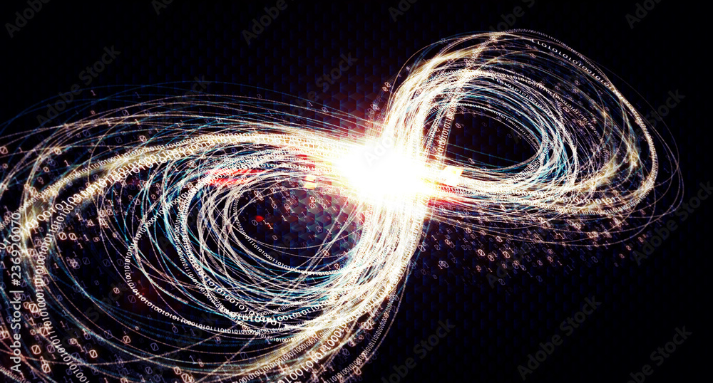 Leinwandbilder  Infinity symbol of glowing lines. Mobius strip of luminous zeros and ones and lines. Infinity symbol of glowing lines and binary code on a dark background. The concept of circulation of information.