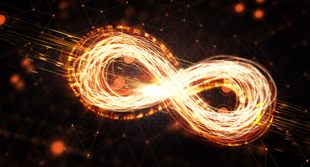  Infinity symbol of glowing lines. Mobius strip of luminous zeros and ones and lines. Infinity symbol of glowing lines and binary code on a dark background. The concept of circulation of information.