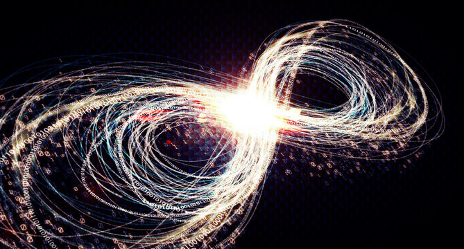  Infinity symbol of glowing lines. Mobius strip of luminous zeros and ones and lines. Infinity symbol of glowing lines and binary code on a dark background. The concept of circulation of information.