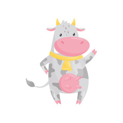 Lovely spotted cow with golden bell, funny farm animal cartoon character vector Illustration on a white background