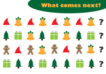 What comes next with christmas pictures for children, xmas fun education game for kids, preschool worksheet activity, task for the development of logical thinking, vector illustration