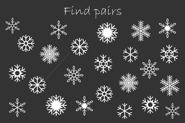 Find pairs of identical pictures, christmas fun education game with snowflakes for children, preschool worksheet activity for kids, task for the development of logical thinking, vector illustration