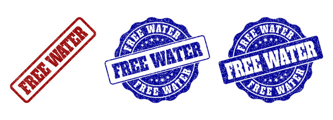 FREE WATER grunge stamp seals in red and blue colors. Vector FREE WATER watermarks with distress style. Graphic elements are rounded rectangles, rosettes, circles and text tags.