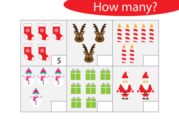 How many counting game with christmas pictures for kids, educational maths task for the development of logical thinking, preschool worksheet activity, count and write the result, vector illustration