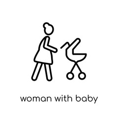 Woman with Baby Stroller icon. Trendy modern flat linear vector Woman with Baby Stroller icon on white background from thin line Ladies collection