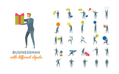 Vector young adult man in business suit ready-to-use character casual poses set in flat style.