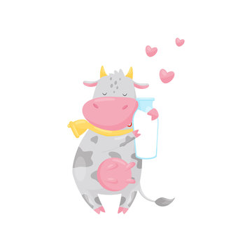 Lovely spotted cow hugging a bottle of milk, funny farm animal cartoon character vector Illustration on a white background