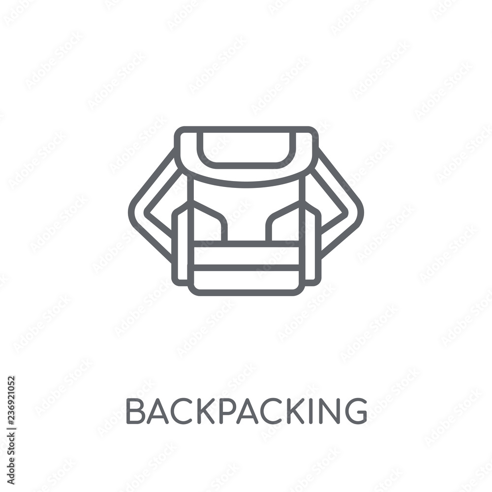 Poster backpacking linear icon. modern outline backpacking logo concept on white background from architectu